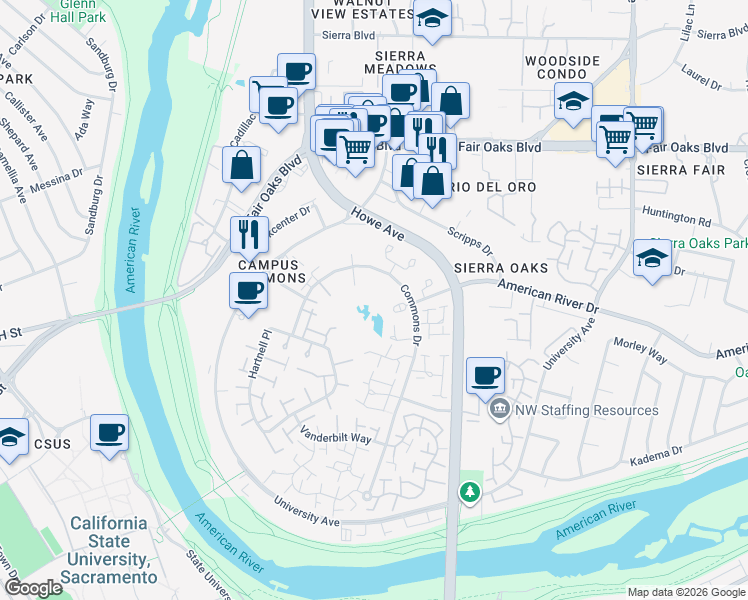 map of restaurants, bars, coffee shops, grocery stores, and more near 826 Commons Drive in Sacramento