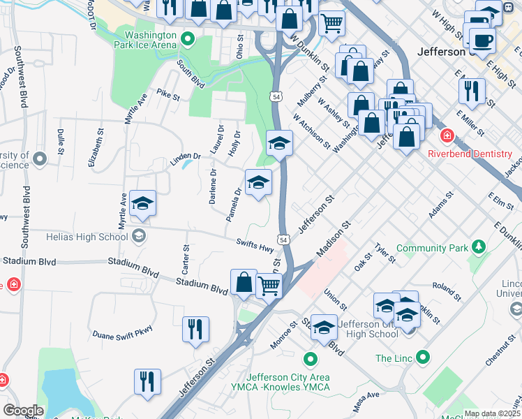 map of restaurants, bars, coffee shops, grocery stores, and more near 707 Linden Drive in Jefferson City