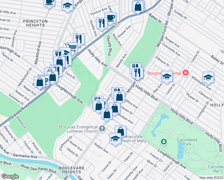 map of restaurants, bars, coffee shops, grocery stores, and more near 6465 Wanda Avenue in St. Louis