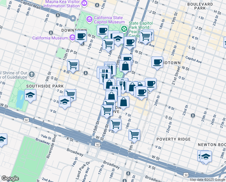 map of restaurants, bars, coffee shops, grocery stores, and more near 1533 R Street in Sacramento