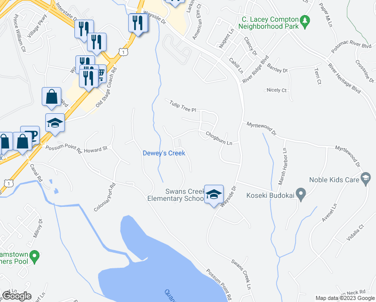 map of restaurants, bars, coffee shops, grocery stores, and more near 17637 Hampstead Ridge Court in Dumfries