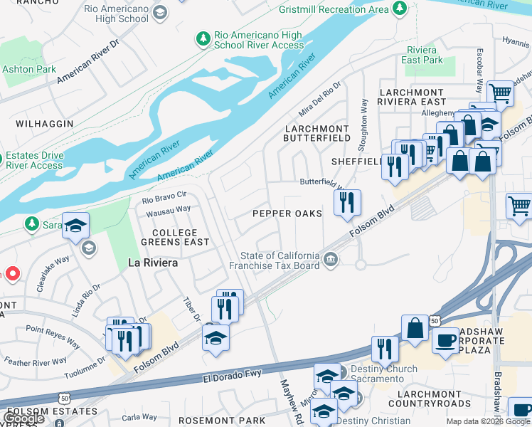map of restaurants, bars, coffee shops, grocery stores, and more near 9397 Linda Rio Drive in Sacramento