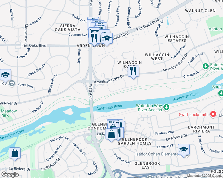 map of restaurants, bars, coffee shops, grocery stores, and more near 3600 American River Drive in Sacramento