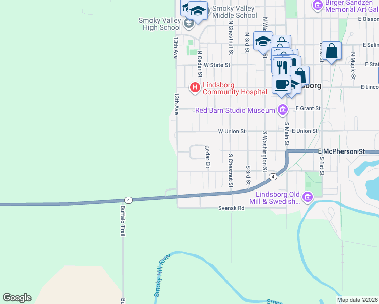 map of restaurants, bars, coffee shops, grocery stores, and more near 400 Cedar Circle in Lindsborg