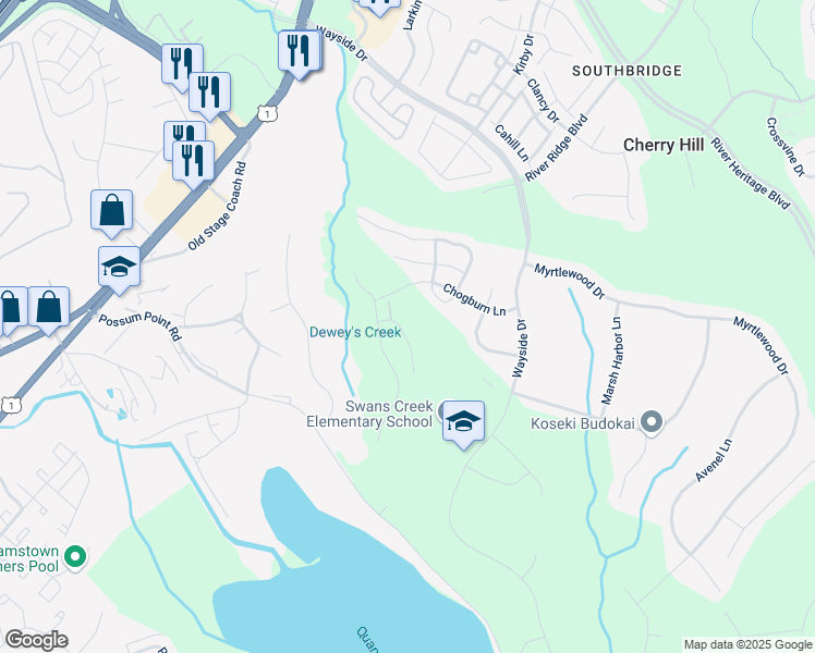 map of restaurants, bars, coffee shops, grocery stores, and more near 17637 Hampstead Ridge Court in Dumfries
