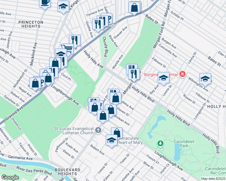map of restaurants, bars, coffee shops, grocery stores, and more near 6508 Parkwood Place in St. Louis