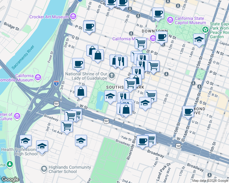 map of restaurants, bars, coffee shops, grocery stores, and more near 2025 8th Street in Sacramento
