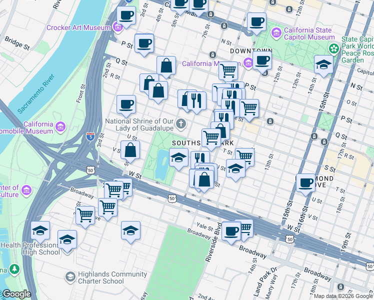 map of restaurants, bars, coffee shops, grocery stores, and more near 2025 8th Street in Sacramento
