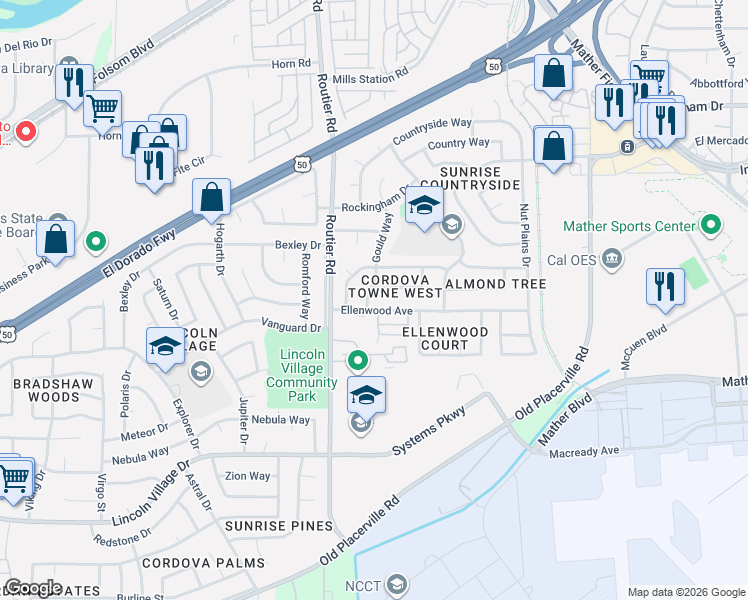 map of restaurants, bars, coffee shops, grocery stores, and more near 10138 De Soto Way in Sacramento