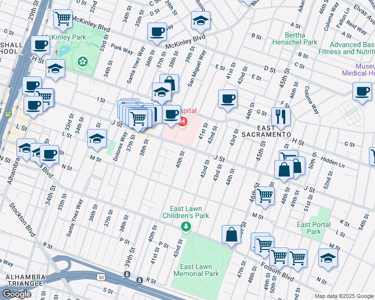 map of restaurants, bars, coffee shops, grocery stores, and more near 962 41st Street in Sacramento