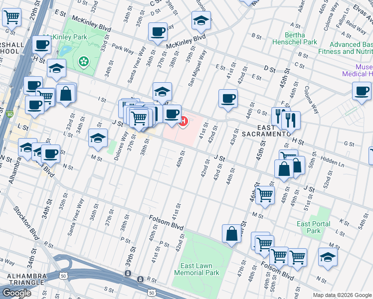 map of restaurants, bars, coffee shops, grocery stores, and more near 962 41st Street in Sacramento