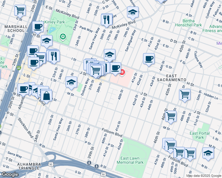 map of restaurants, bars, coffee shops, grocery stores, and more near 1040 39th Street in Sacramento