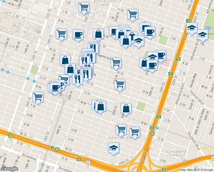 map of restaurants, bars, coffee shops, grocery stores, and more near 1512 24th Street in Sacramento
