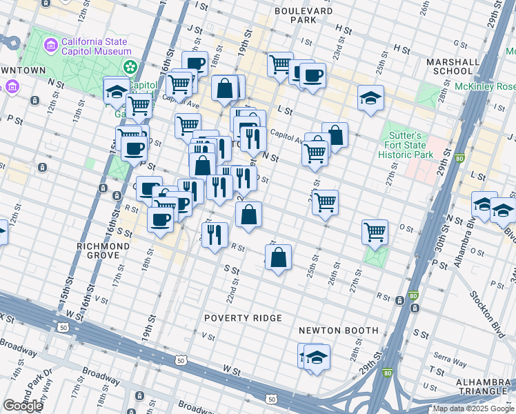 map of restaurants, bars, coffee shops, grocery stores, and more near in Sacramento