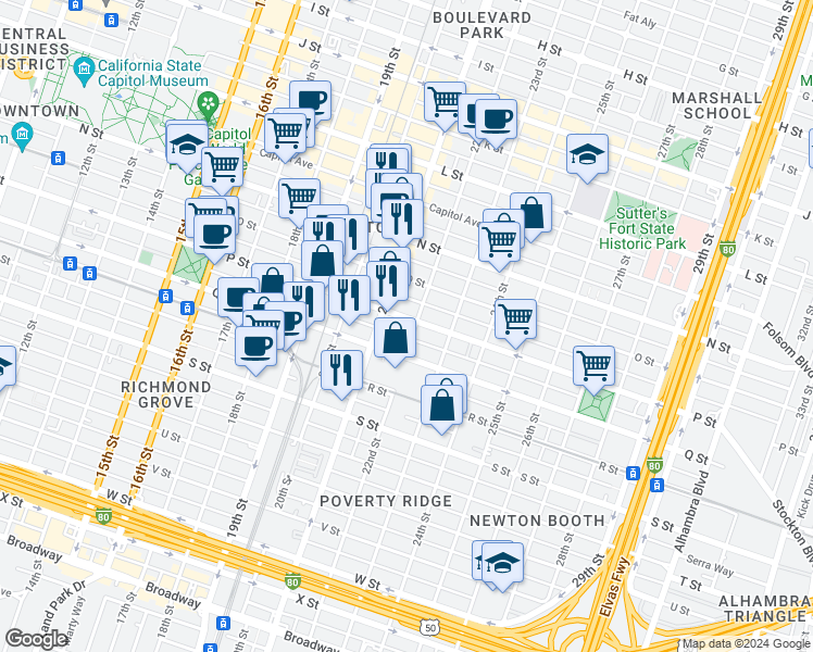 map of restaurants, bars, coffee shops, grocery stores, and more near in Sacramento