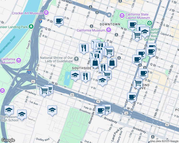 map of restaurants, bars, coffee shops, grocery stores, and more near 927 T Street in Sacramento