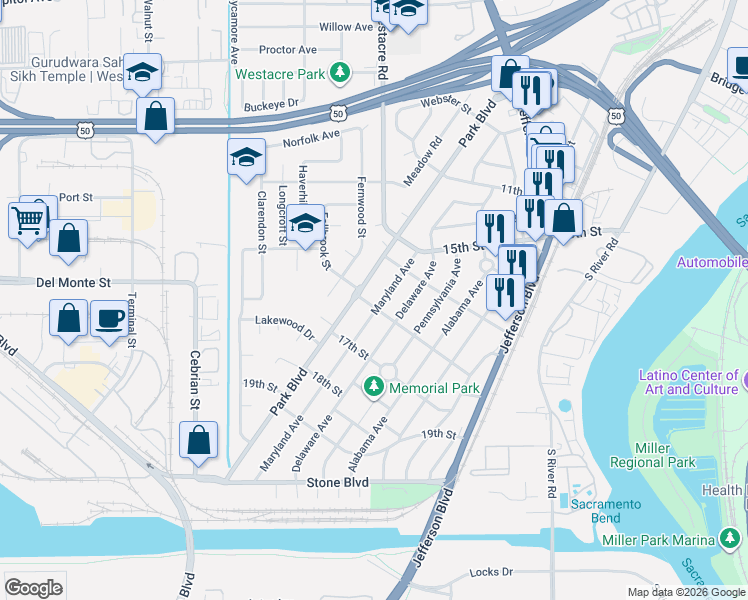 map of restaurants, bars, coffee shops, grocery stores, and more near in West Sacramento