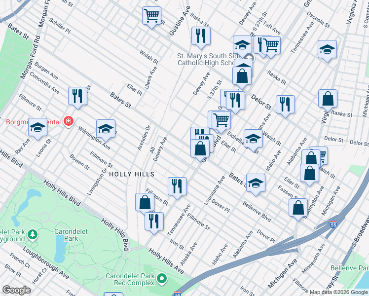 map of restaurants, bars, coffee shops, grocery stores, and more near 3660 Bates Street in St. Louis