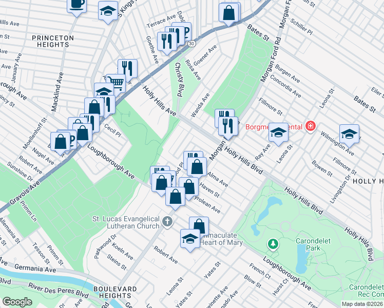 map of restaurants, bars, coffee shops, grocery stores, and more near 6508 Parkwood Place in St. Louis