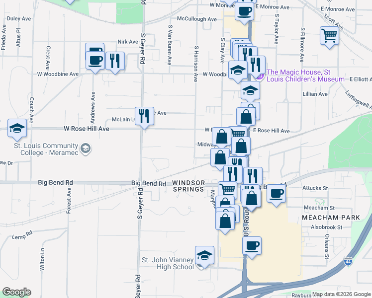 map of restaurants, bars, coffee shops, grocery stores, and more near 325 Midway Avenue in Kirkwood