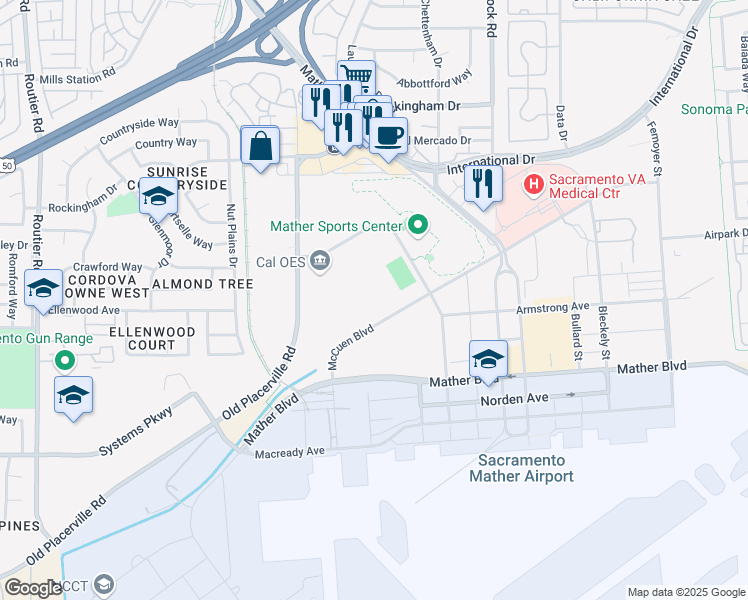 map of restaurants, bars, coffee shops, grocery stores, and more near 10391 Peter A McCuen Boulevard in Rancho Cordova