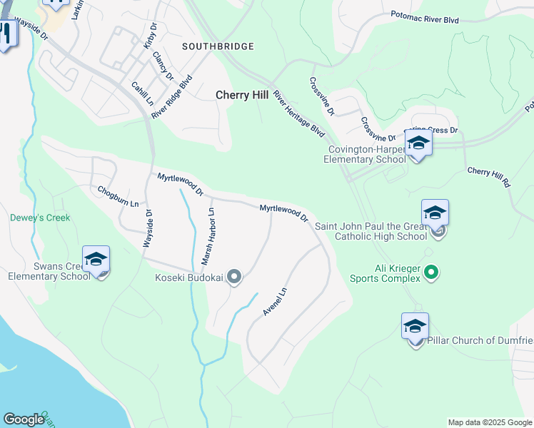 map of restaurants, bars, coffee shops, grocery stores, and more near 2866 Medford Drive in Dumfries