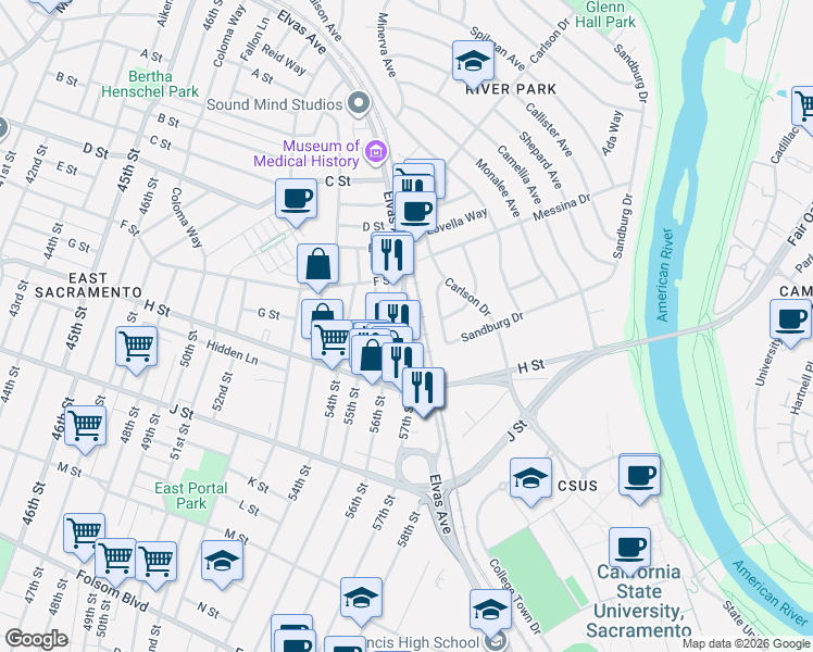 map of restaurants, bars, coffee shops, grocery stores, and more near 628 Dittmar Way in Sacramento
