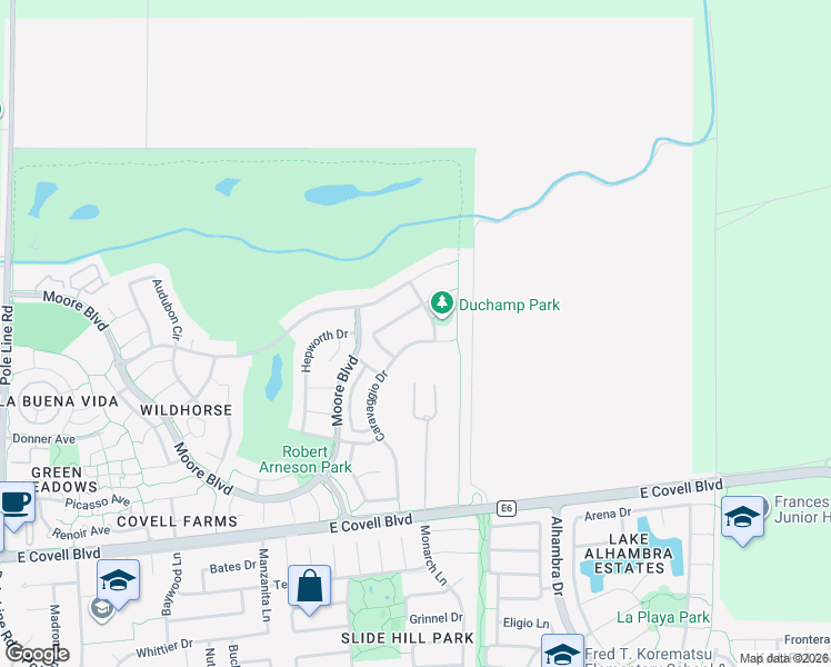 map of restaurants, bars, coffee shops, grocery stores, and more near 2617 Duchamp Street in Davis