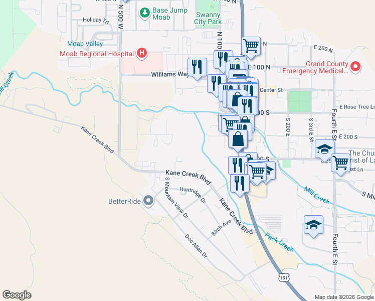 map of restaurants, bars, coffee shops, grocery stores, and more near 398 Kane Creek Boulevard in Moab