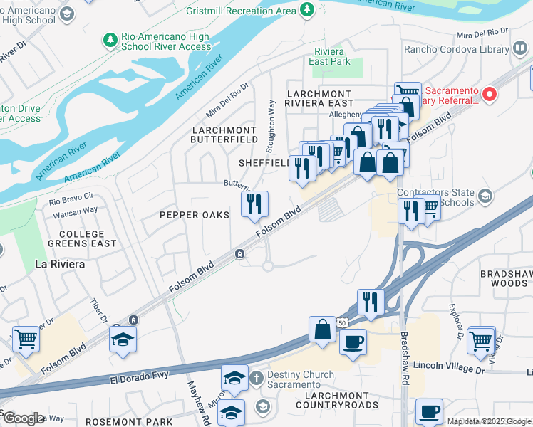 map of restaurants, bars, coffee shops, grocery stores, and more near 9551 Butterfield Way in Sacramento