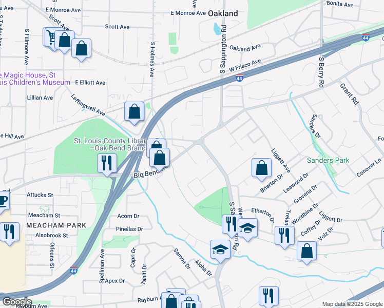 map of restaurants, bars, coffee shops, grocery stores, and more near 9822 Big Bend Road in St. Louis
