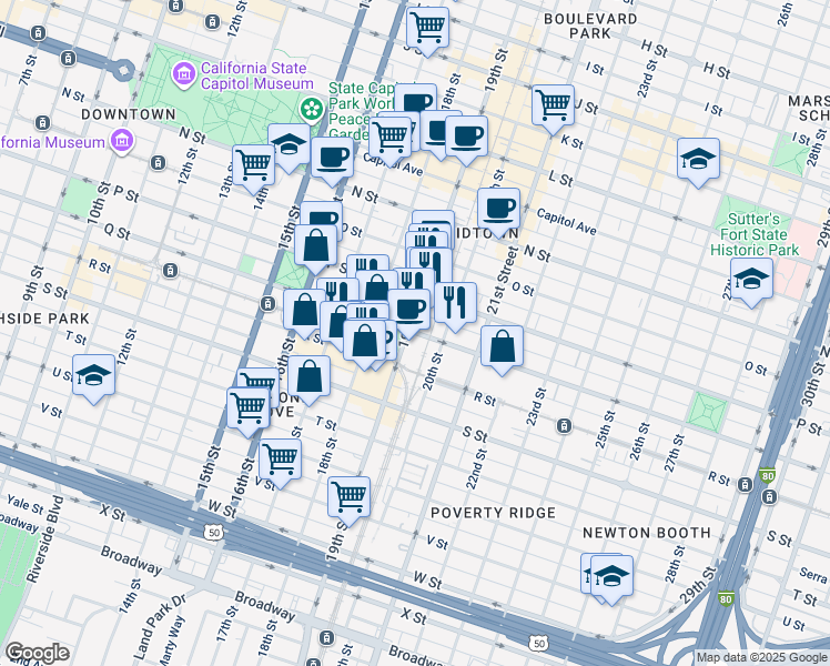 map of restaurants, bars, coffee shops, grocery stores, and more near 1907 Q Street in Sacramento