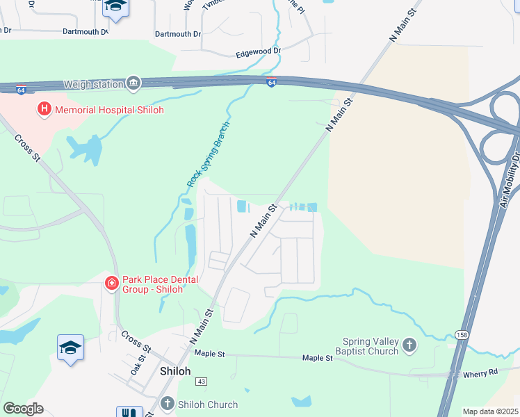 map of restaurants, bars, coffee shops, grocery stores, and more near 301 North Main Street in Shiloh
