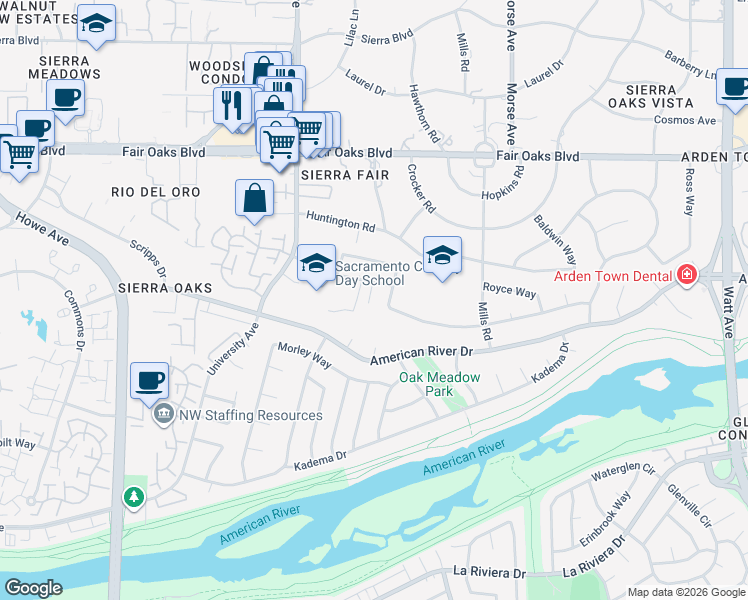 map of restaurants, bars, coffee shops, grocery stores, and more near 2708 Latham Drive in Sacramento