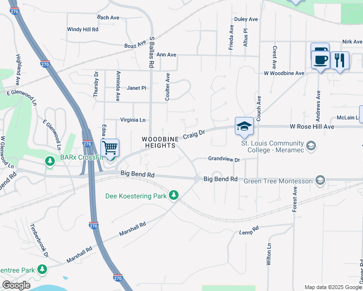 map of restaurants, bars, coffee shops, grocery stores, and more near 12135 Old Big Bend Road in Kirkwood
