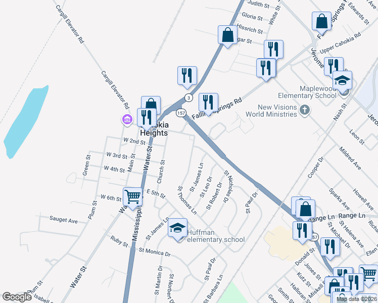 map of restaurants, bars, coffee shops, grocery stores, and more near 109 Saint Thomas Lane in Cahokia