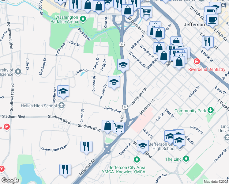 map of restaurants, bars, coffee shops, grocery stores, and more near 707 Linden Drive in Jefferson City