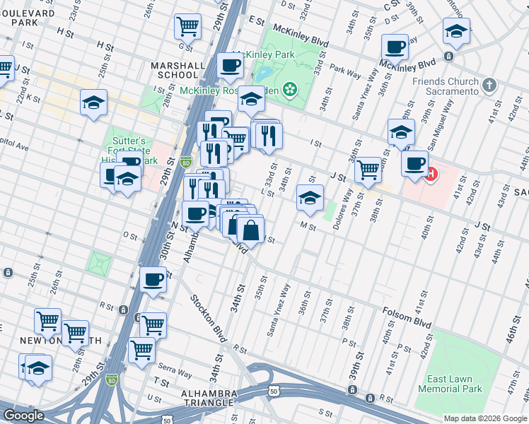 map of restaurants, bars, coffee shops, grocery stores, and more near 1224 34th Street in Sacramento