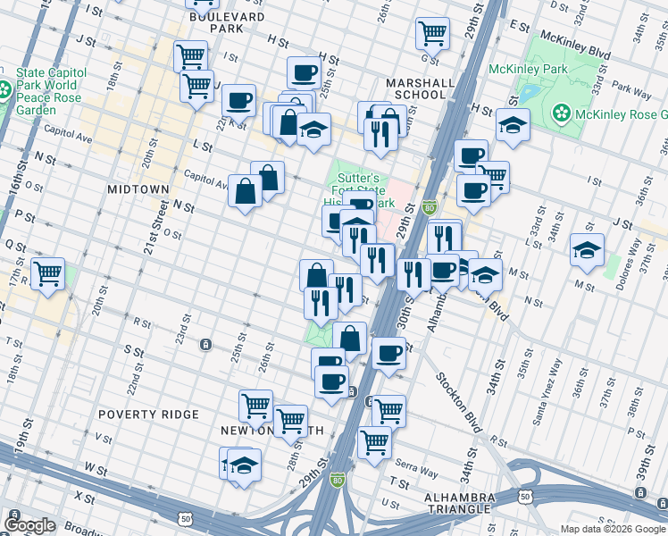 map of restaurants, bars, coffee shops, grocery stores, and more near 2620 N Street in Sacramento