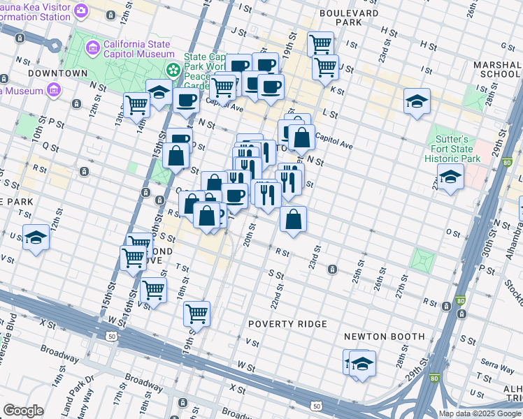 map of restaurants, bars, coffee shops, grocery stores, and more near 1616 20th Street in Sacramento