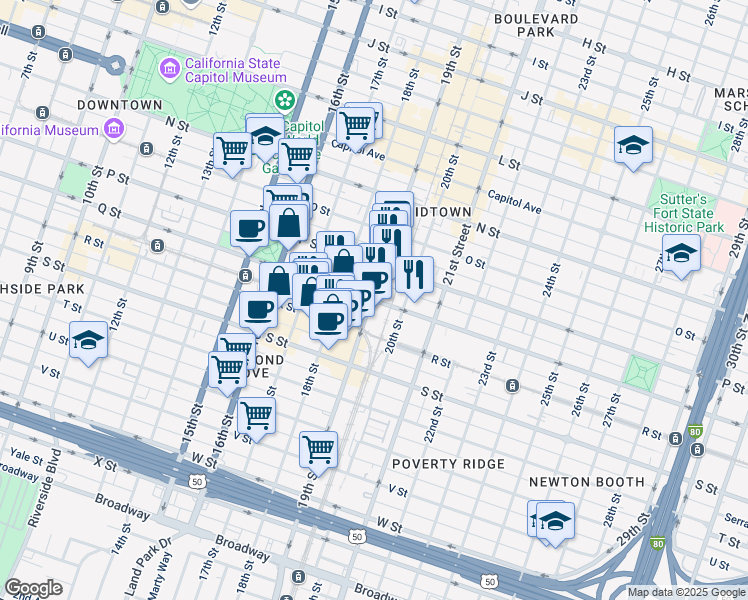 map of restaurants, bars, coffee shops, grocery stores, and more near 1831 Q Street in Sacramento