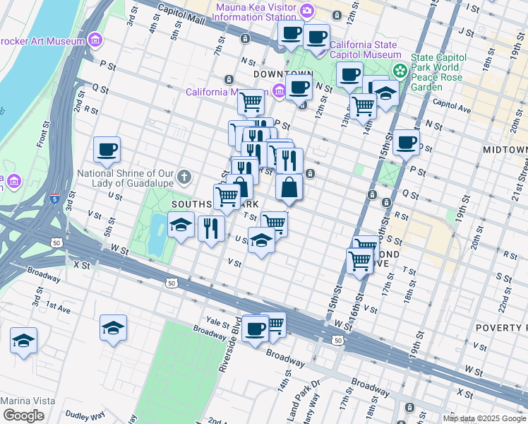 map of restaurants, bars, coffee shops, grocery stores, and more near 1916 11th Street in Sacramento