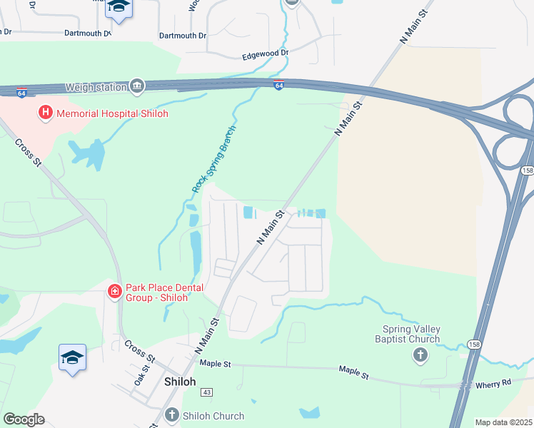 map of restaurants, bars, coffee shops, grocery stores, and more near 301 North Main Street in Shiloh