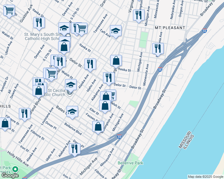 map of restaurants, bars, coffee shops, grocery stores, and more near 5010 Virginia Avenue in St. Louis