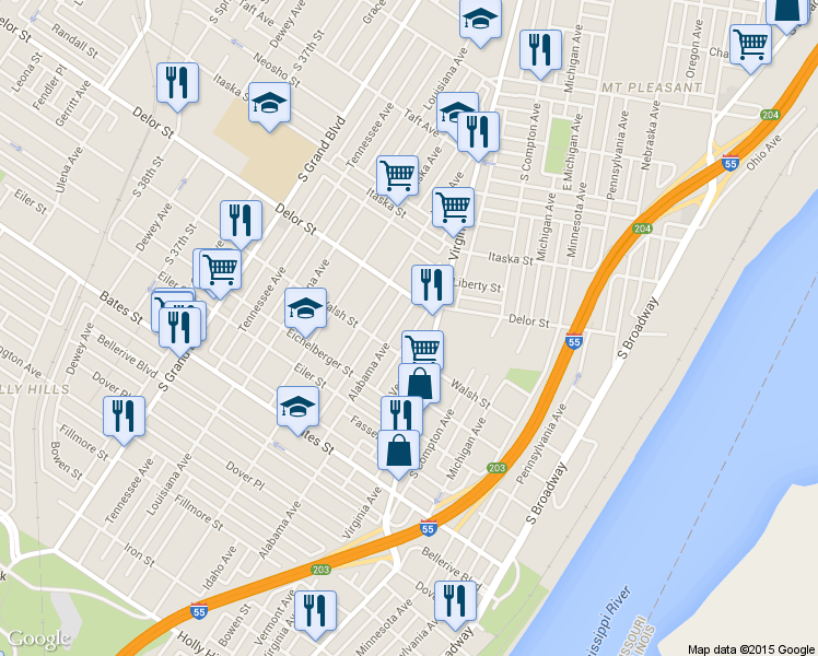 map of restaurants, bars, coffee shops, grocery stores, and more near 5029 Alabama Avenue in St. Louis