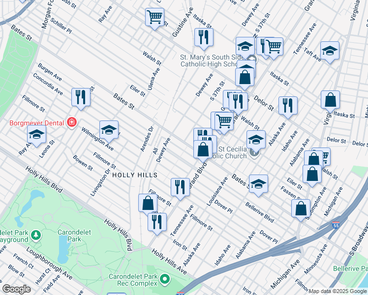 map of restaurants, bars, coffee shops, grocery stores, and more near 3660 Bates Street in St. Louis