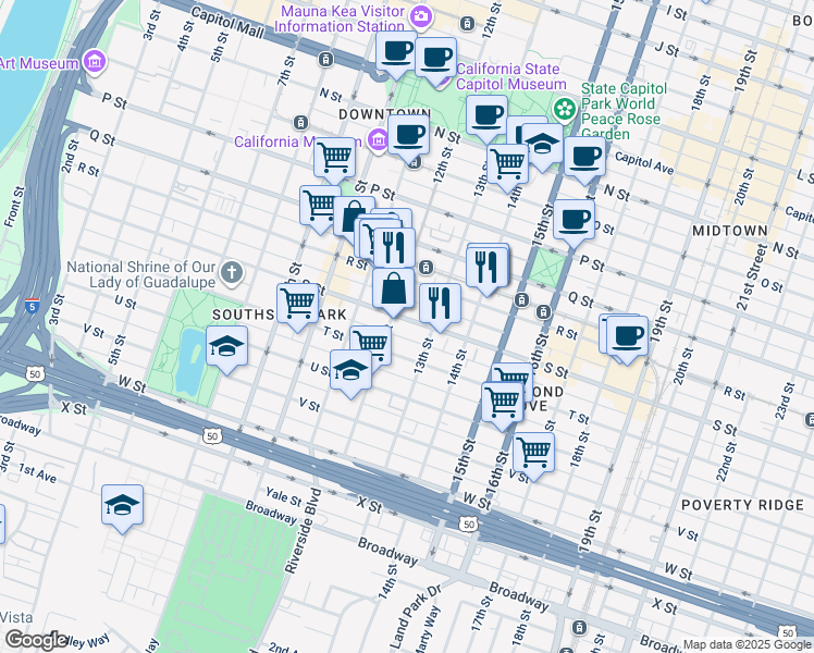 map of restaurants, bars, coffee shops, grocery stores, and more near 1216 S Street in Sacramento