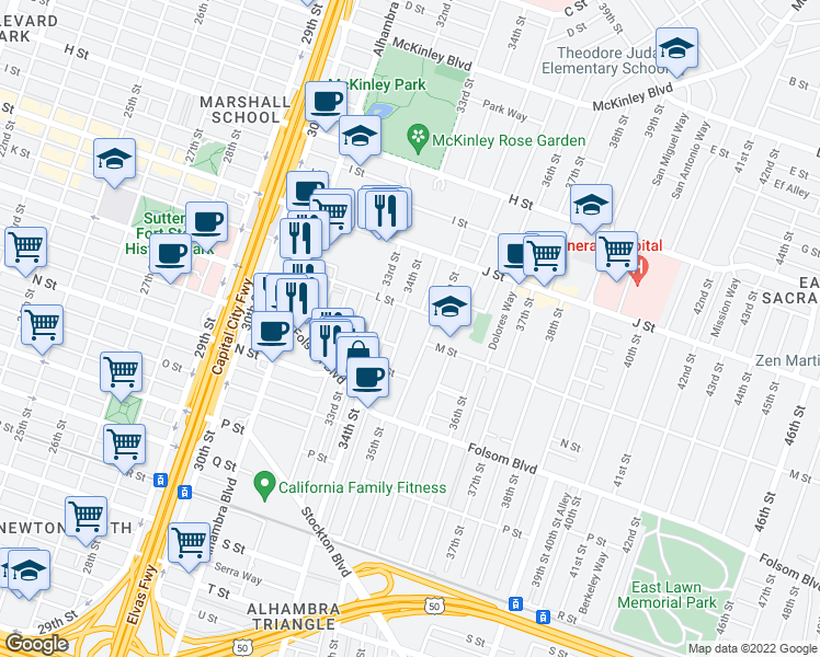 map of restaurants, bars, coffee shops, grocery stores, and more near 1233 34th Street in Sacramento
