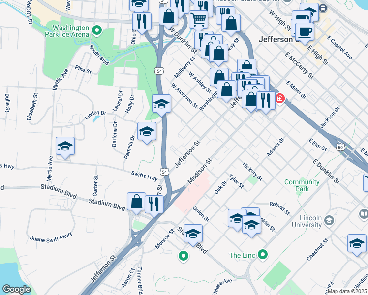 map of restaurants, bars, coffee shops, grocery stores, and more near 140 West Franklin Street in Jefferson City