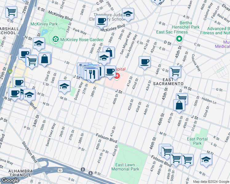 map of restaurants, bars, coffee shops, grocery stores, and more near 3948 J Street in Sacramento